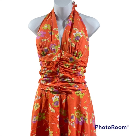 Philip DiCaprio Orange Floral Halter Swing Dress 12 - Picture 2 of 9